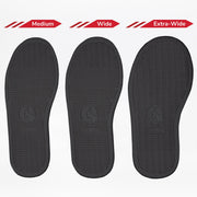 Three black removable insoles for the BILLY Footwear Black to the Floor BILLY Classic D|R II High are shown side by side labeled Medium, Wide, and Extra-Wide to illustrate width options. Each features a herringbone pattern and logo. Great for wide toe box or AFO-friendly shoes.