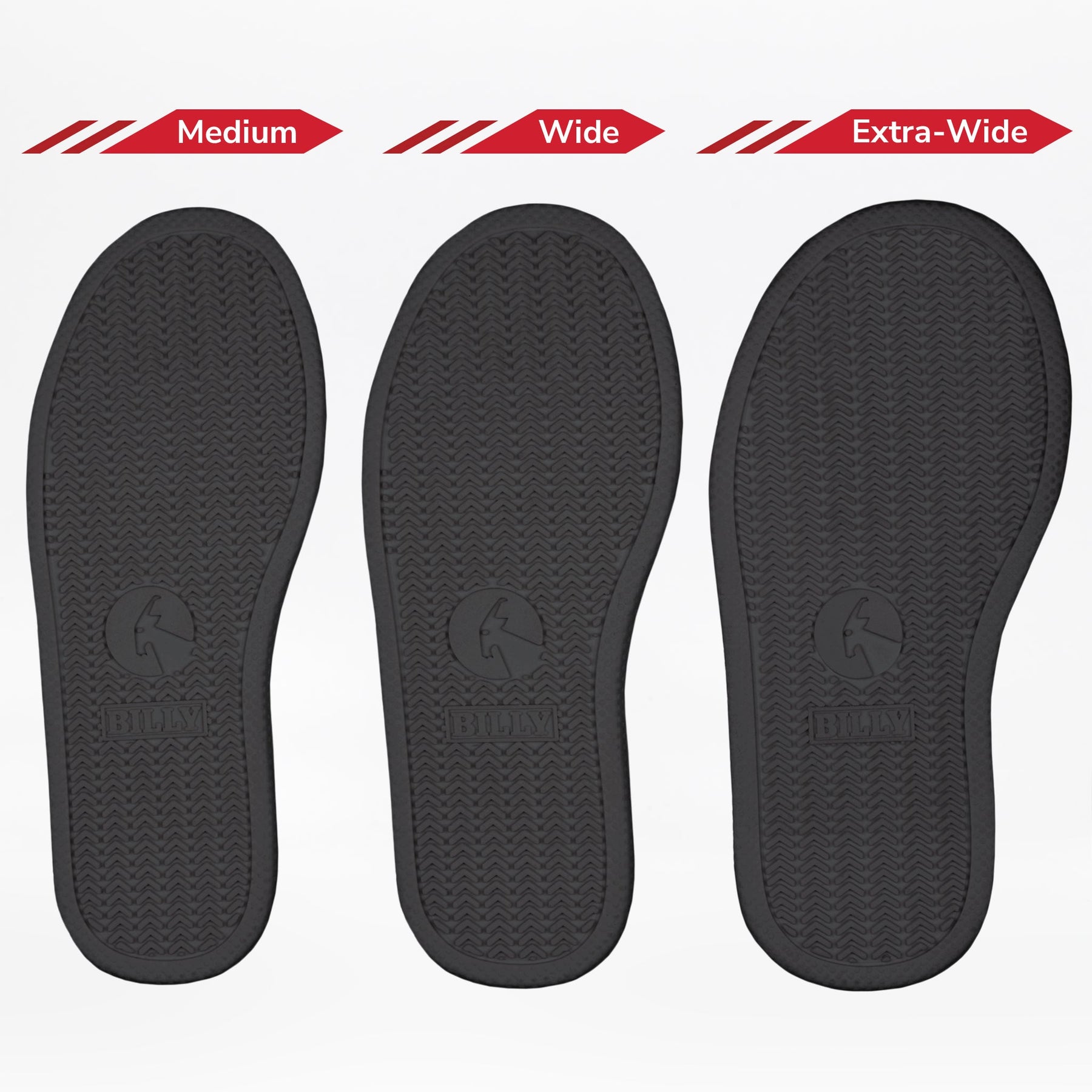 Three black removable insoles for the BILLY Footwear Black to the Floor BILLY Classic D|R II High are shown side by side labeled Medium, Wide, and Extra-Wide to illustrate width options. Each features a herringbone pattern and logo. Great for wide toe box or AFO-friendly shoes.