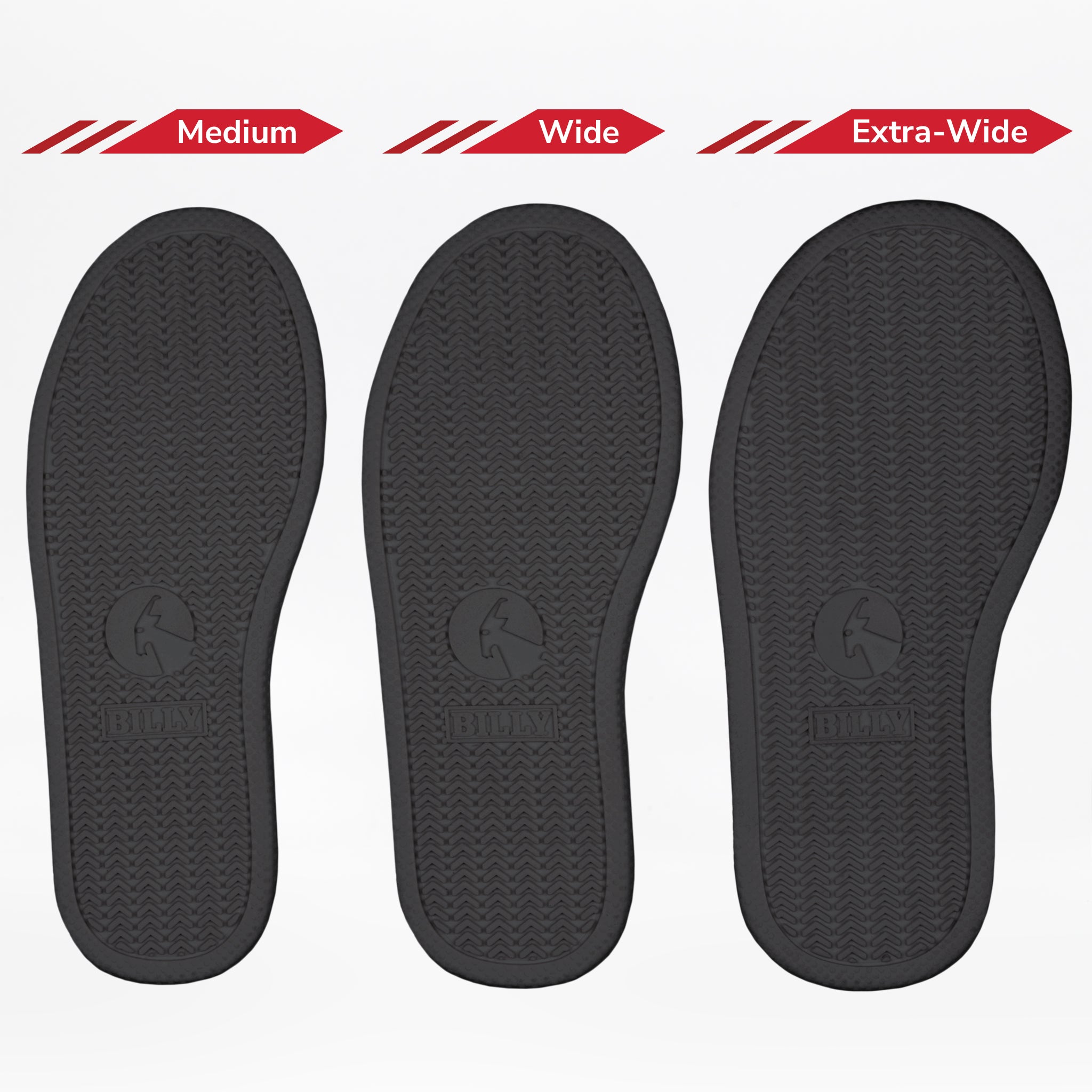 Three black removable insoles for the BILLY Footwear Black to the Floor BILLY Classic D|R II High are shown side by side labeled Medium, Wide, and Extra-Wide to illustrate width options. Each features a herringbone pattern and logo. Great for wide toe box or AFO-friendly shoes.
