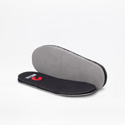 Two removable insoles for the Black to the Floor BILLY Classic D|R II High by BILLY Footwear are shown: one flat with a black top and red logo, the other angled to display its grey underside. Ideal for wide toe box or AFO-friendly shoes.