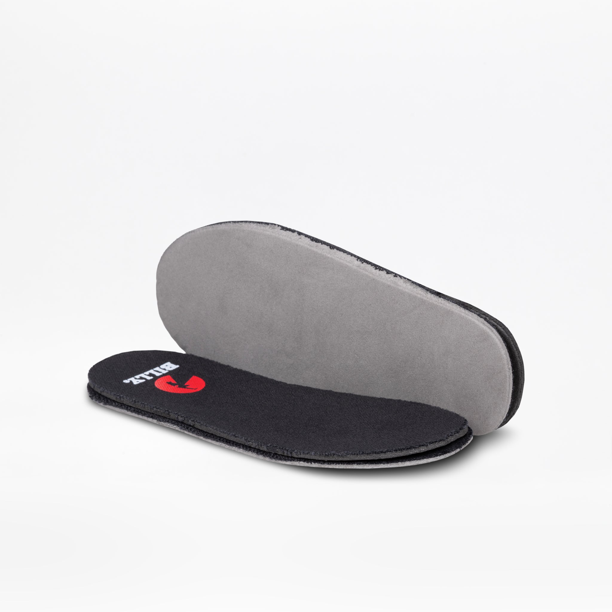 Two removable insoles for the Black to the Floor BILLY Classic D|R II High by BILLY Footwear are shown: one flat with a black top and red logo, the other angled to display its grey underside. Ideal for wide toe box or AFO-friendly shoes.