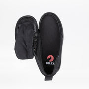 The Black to the Floor BILLY Classic D|R II High by BILLY Footwear is an AFO-friendly black shoe with an open side zipper and detached upper flap, exposing the BILLY logo insole. It features a wide toe box and is set against a white background.