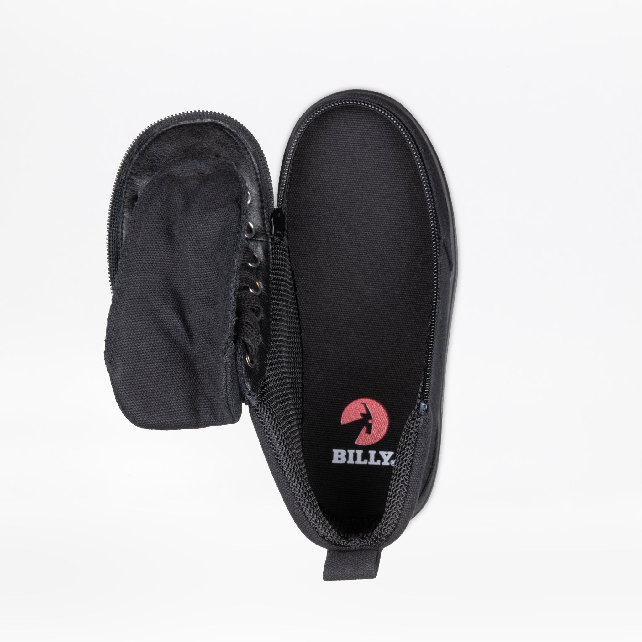 The Black to the Floor BILLY Classic D|R II High by BILLY Footwear is an AFO-friendly black shoe with an open side zipper and detached upper flap, exposing the BILLY logo insole. It features a wide toe box and is set against a white background.