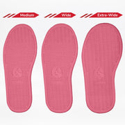 Three Sasha Splatter BILLY Classic D|R II High insoles from BILLY Footwear are shown side by side, labeled Medium, Wide, and Extra-Wide at the top to illustrate the difference in orthotic friendly widths.
