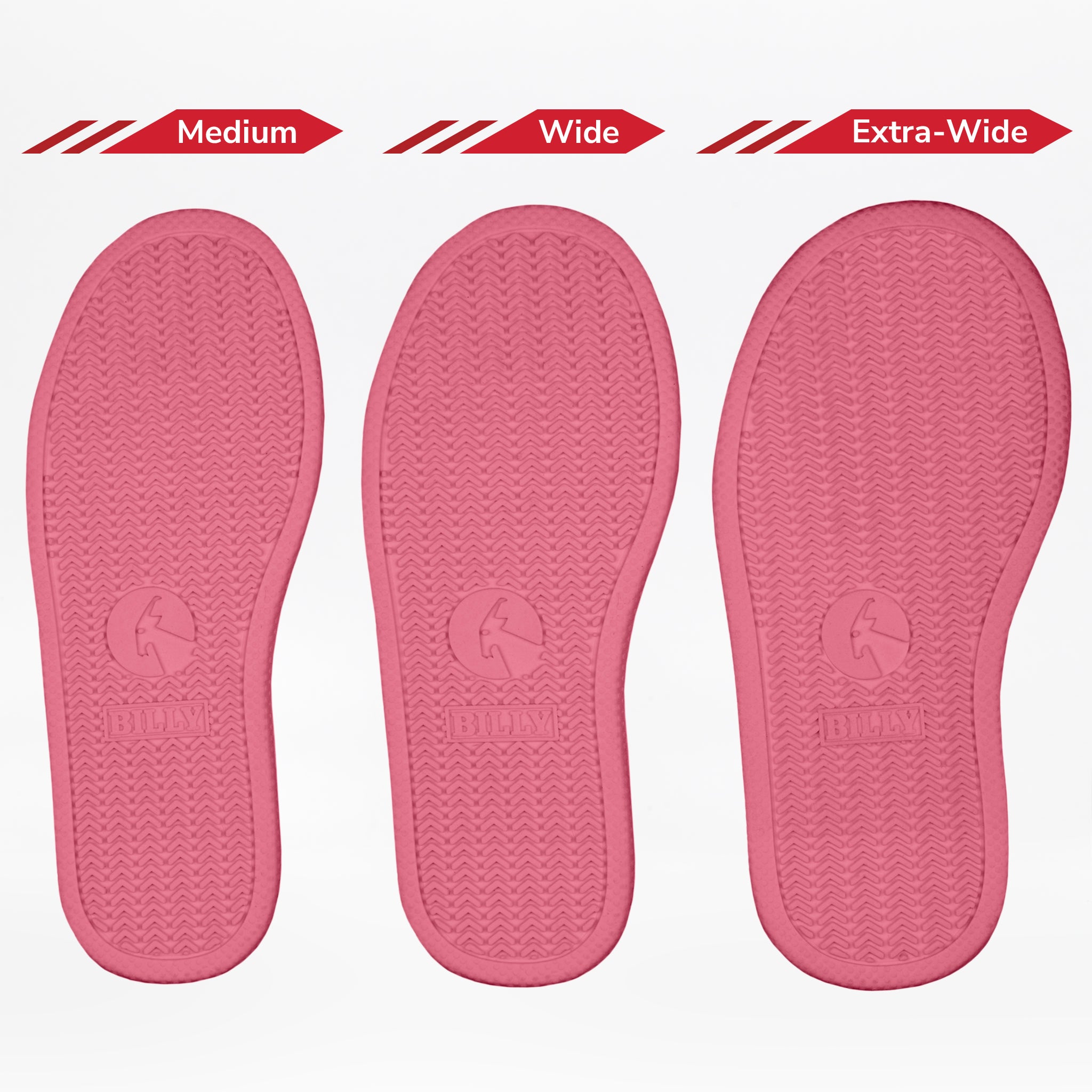 Three Sasha Splatter BILLY Classic D|R II High insoles from BILLY Footwear are shown side by side, labeled Medium, Wide, and Extra-Wide at the top to illustrate the difference in orthotic friendly widths.