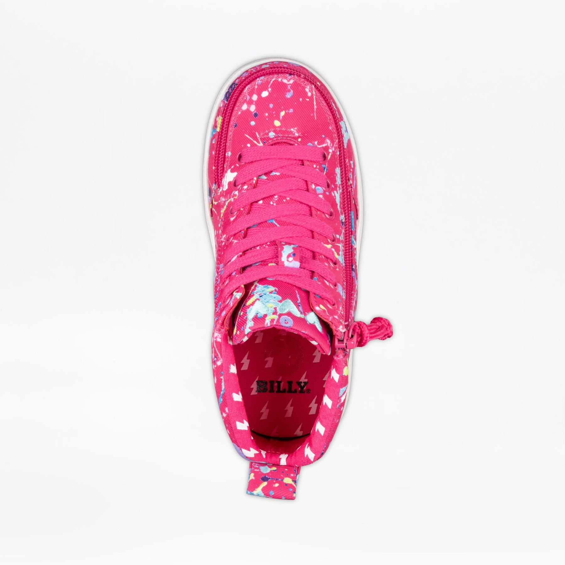 The Sasha Splatter BILLY Classic D|R II High by BILLY Footwear is a bright pink sneaker with colorful paint splatters, matching laces, a side zipper, orthotic-friendly design, and a red insole featuring “BILLY” and lightning bolt graphics.