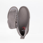 The Dark Grey BILLY Classic D|R II High by BILLY Footwear is a kids’ orthopedic shoe with a wide side flap, revealing the interior and red logo insole. Displayed on a white background, this adaptive AFO-friendly footwear offers support and comfort.