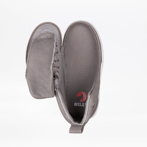 The Dark Grey BILLY Classic D|R II High by BILLY Footwear is a kids’ orthopedic shoe with a wide side flap, revealing the interior and red logo insole. Displayed on a white background, this adaptive AFO-friendly footwear offers support and comfort.