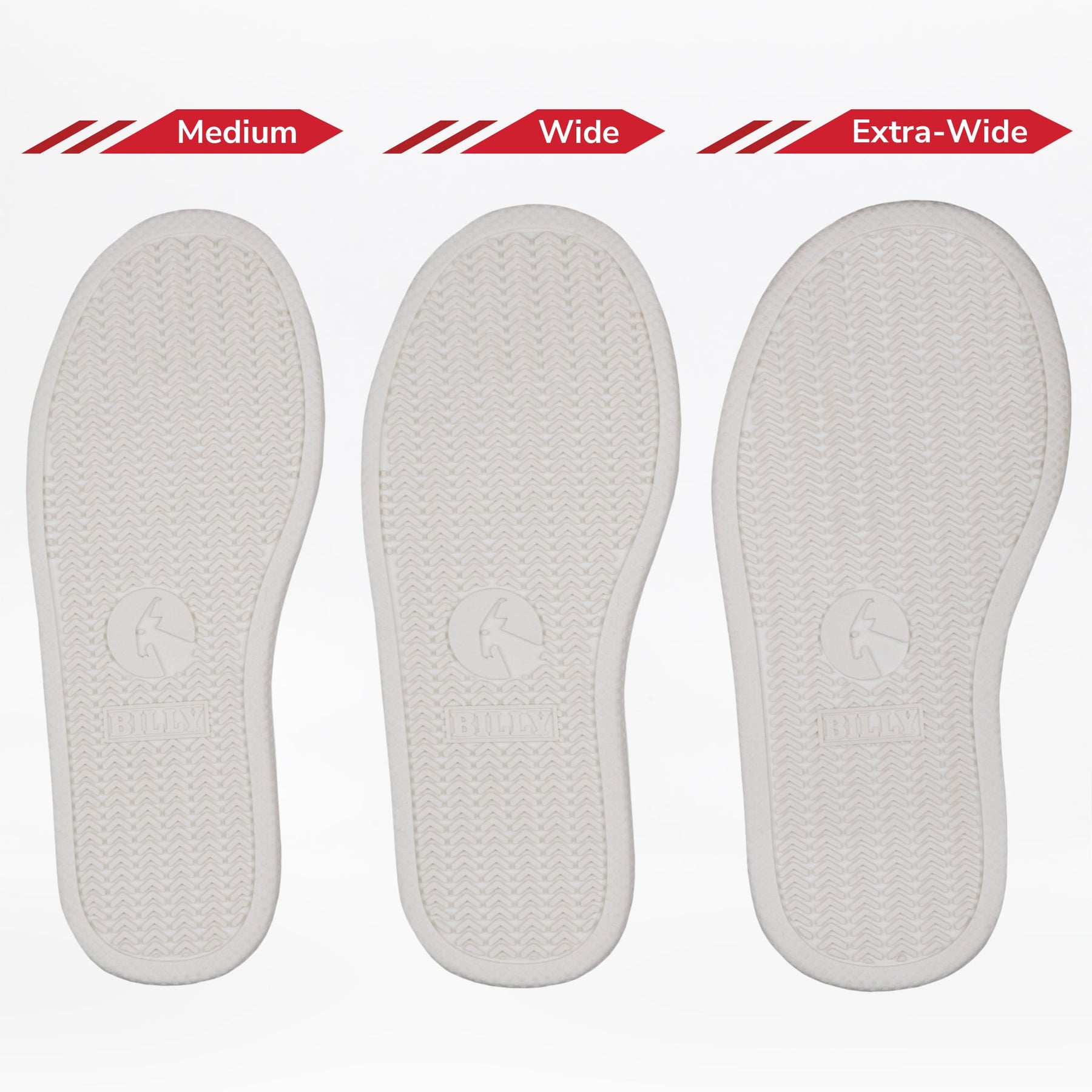 Three white insoles for the Silver Multi Glitter BILLY Classic D|R II High by BILLY Footwear are shown side by side—Medium, Wide, and Extra-Wide—highlighting width options ideal for adaptive or orthotic-friendly kids' shoes.