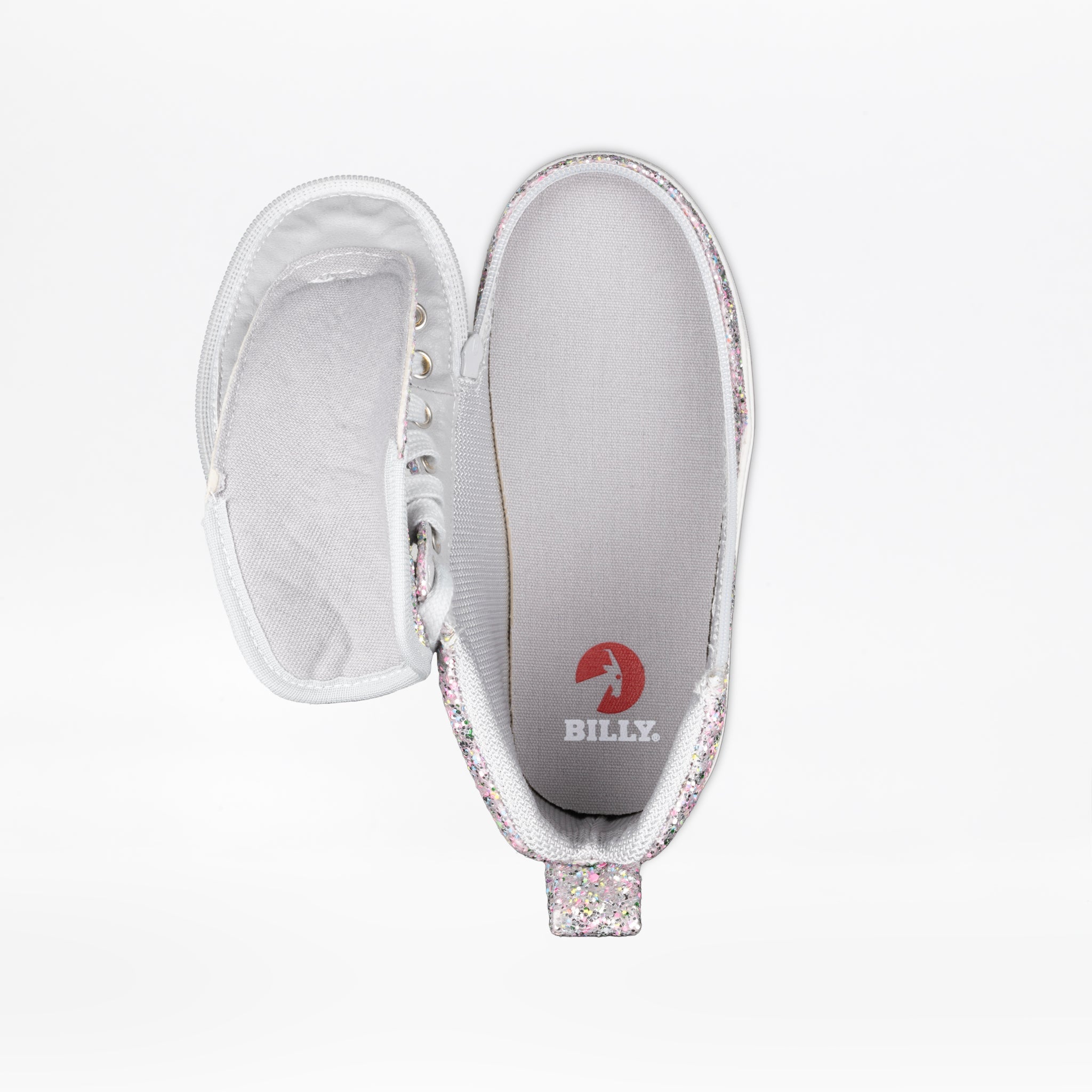A top view of the Silver Multi Glitter BILLY Classic D|R II High by BILLY Footwear, showing a side-zippered upper fully open to reveal the interior and insole logo—an AFO-friendly, adaptive sneaker for kids.