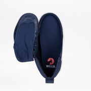 The Navy BILLY Classic D|R II High by BILLY Footwear, shown from above with the left zipper open, highlights its fully accessible AFO-friendly design and features the brand logo on the insole.