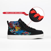 The BILLY Footwear Night Sk8ter BILLY Classic D|R II High is a black high-top sneaker with graffiti designs, a white sole, and AFO-friendly custom fit. Red laces included; close-up shows the vibrant shoelaces.