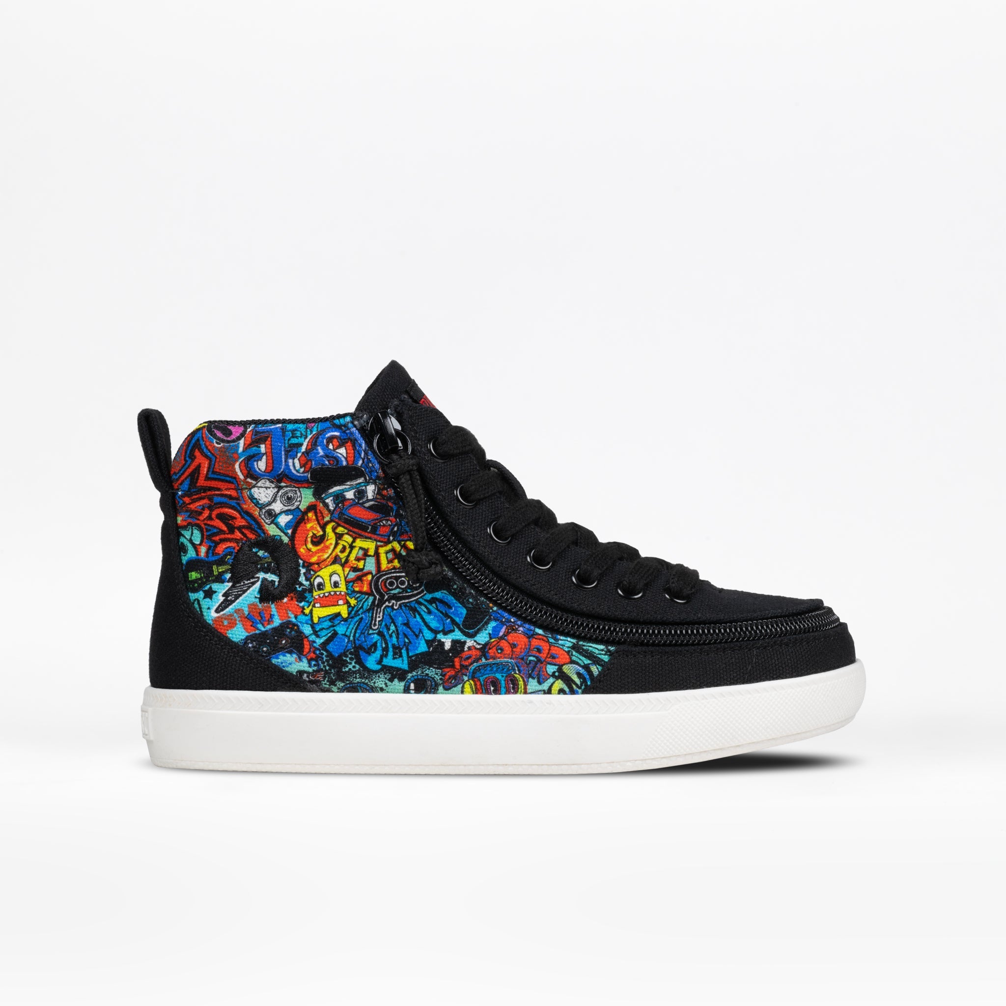 The Kids'/Toddler Classic D|R II High by BILLY Footwear, in Night Sk8ter, is a black high-top with a wide toe box, white sole, and blue, red, and yellow graffiti art on the side—great for kids' orthotic needs. Shown on a plain white background.