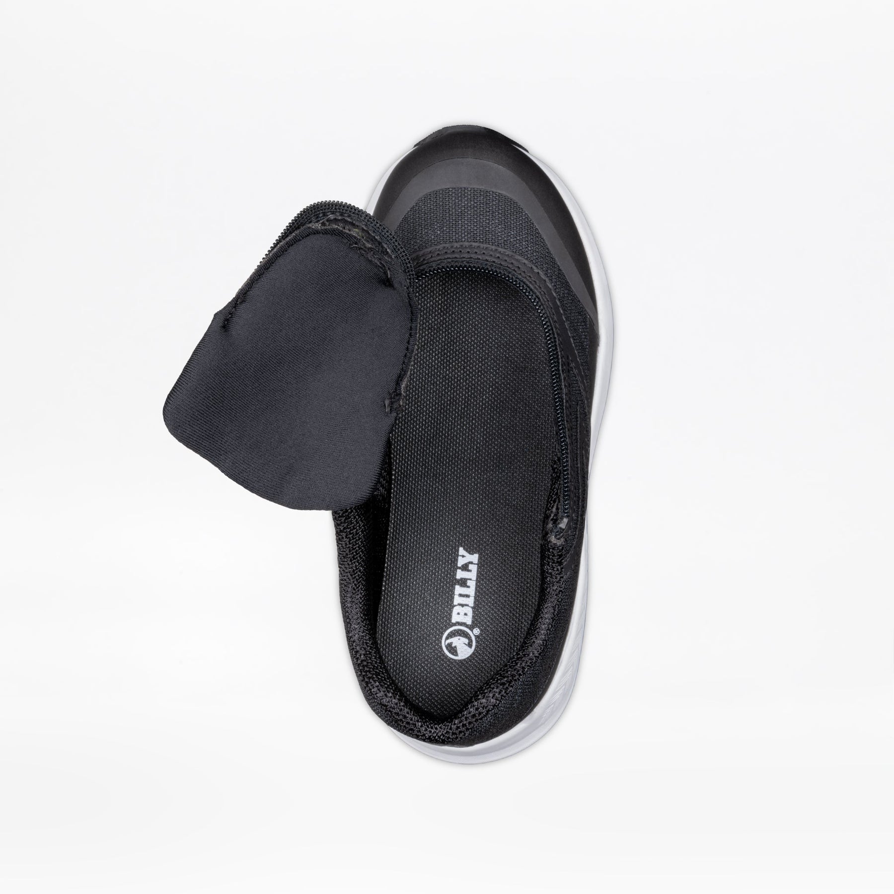 The Black BILLY Goat by BILLY Footwear is an AFO-friendly kids’ shoe with a wide, adjustable flap that reveals the branded inner sole. Shown top-down on a white background, it provides comfort and accessibility.