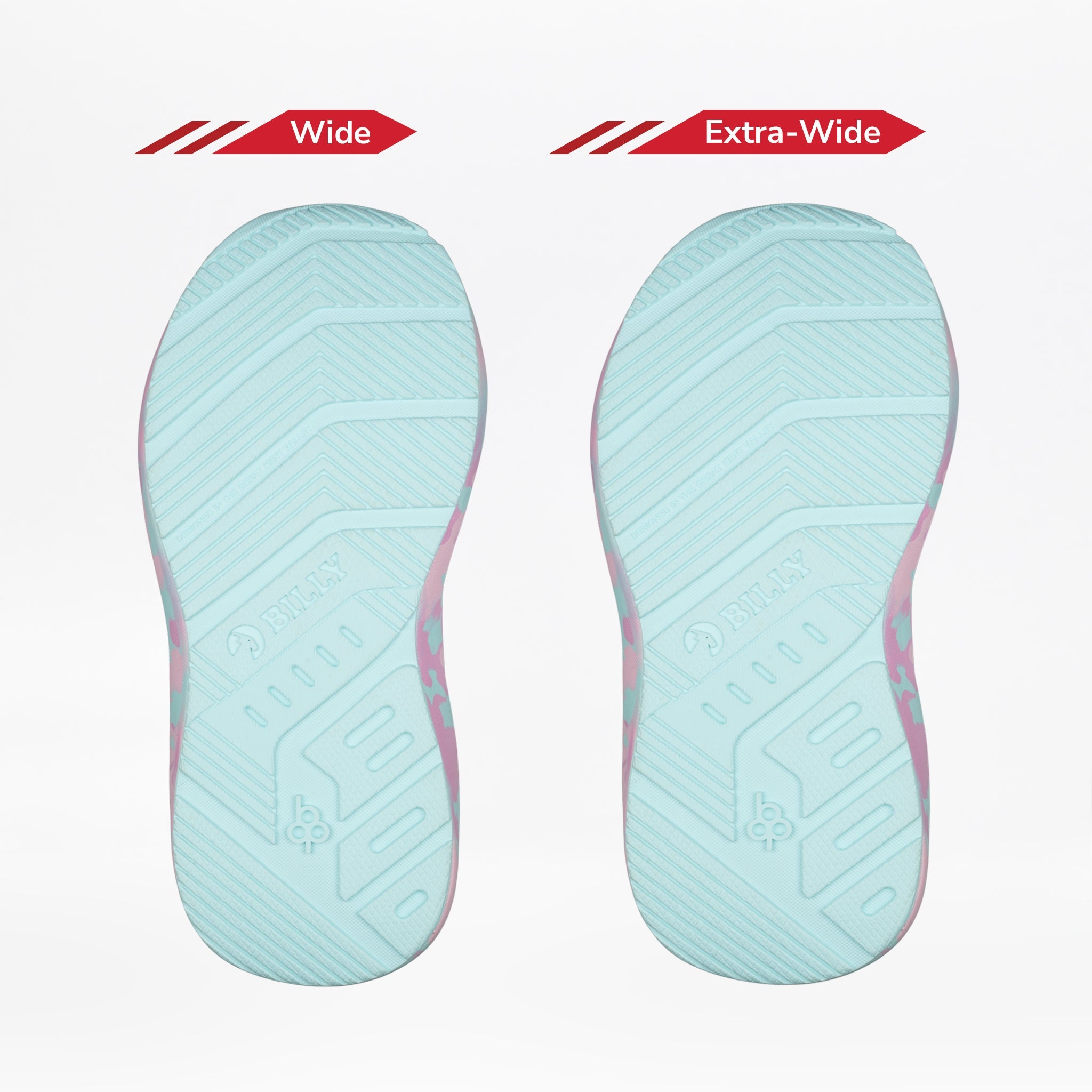 Two light blue shoe soles of the BILLY Footwear Midnight Mermaid BILLY Goat are shown side by side—Wide on the left and Extra-Wide on the right—highlighting kids’ adaptive width options.