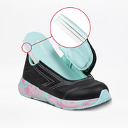 The Midnight Mermaid BILLY Goat by BILLY Footwear is a black and turquoise kids’ sneaker with a pink camo sole and easy-access hook-and-loop fastener on the heel—ideal as adaptive footwear or an AFO-friendly shoe.