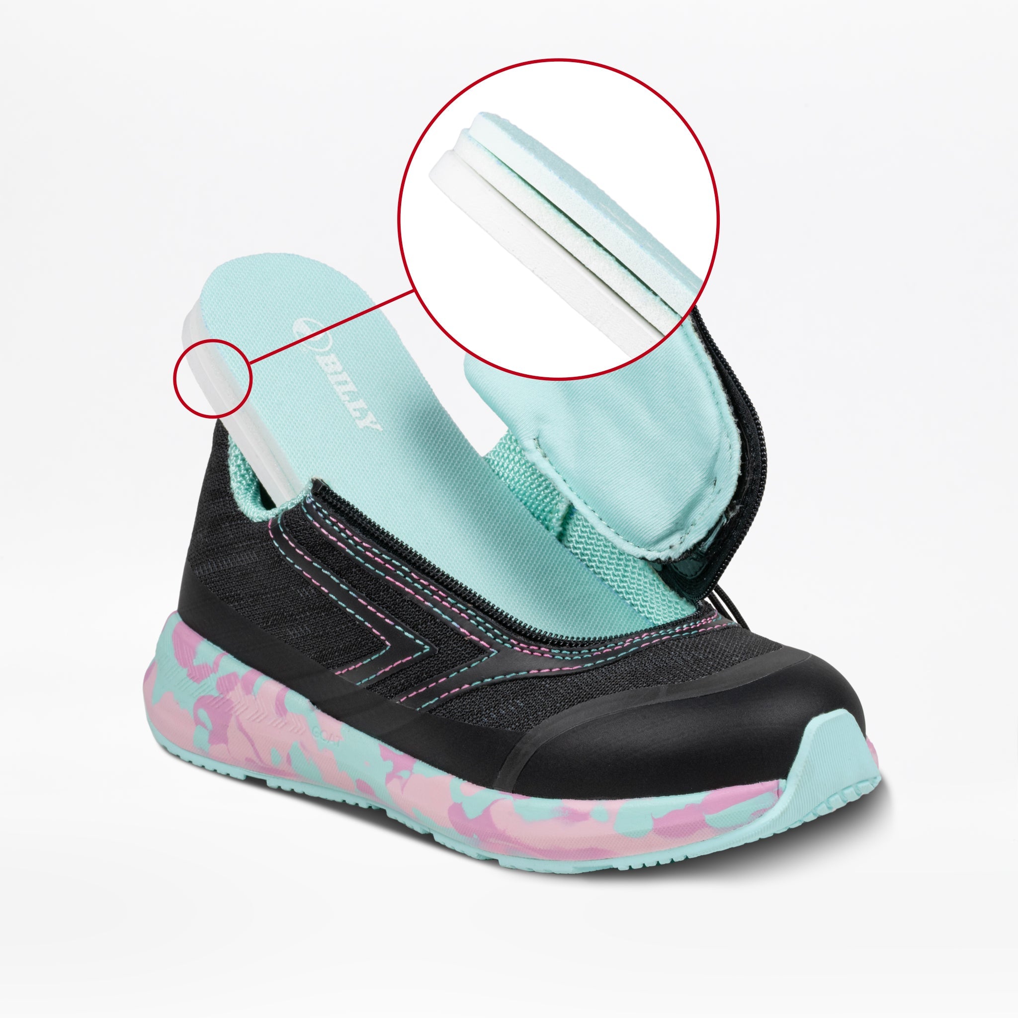 The Midnight Mermaid BILLY Goat by BILLY Footwear is a black and turquoise kids’ sneaker with a pink camo sole and easy-access hook-and-loop fastener on the heel—ideal as adaptive footwear or an AFO-friendly shoe.