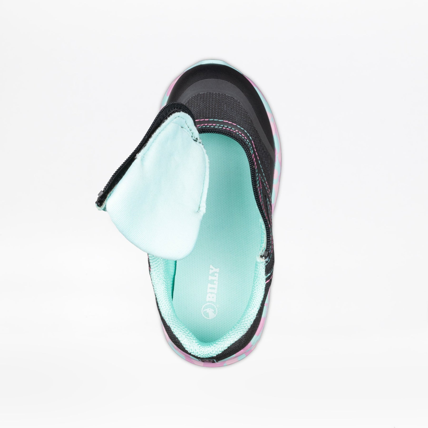 Top view of the Midnight Mermaid BILLY Goat kids' adaptive sneaker by BILLY Footwear in black, featuring a turquoise insole, open tongue with visible BILLY logo, turquoise lining, and AFO-friendly design on a white background.