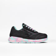 The BILLY Footwear Midnight Mermaid BILLY Goat is a black kids' adaptive sneaker with turquoise and pink accents, a matching camo-patterned sole, turquoise laces, and side zipper, shown on a white background.