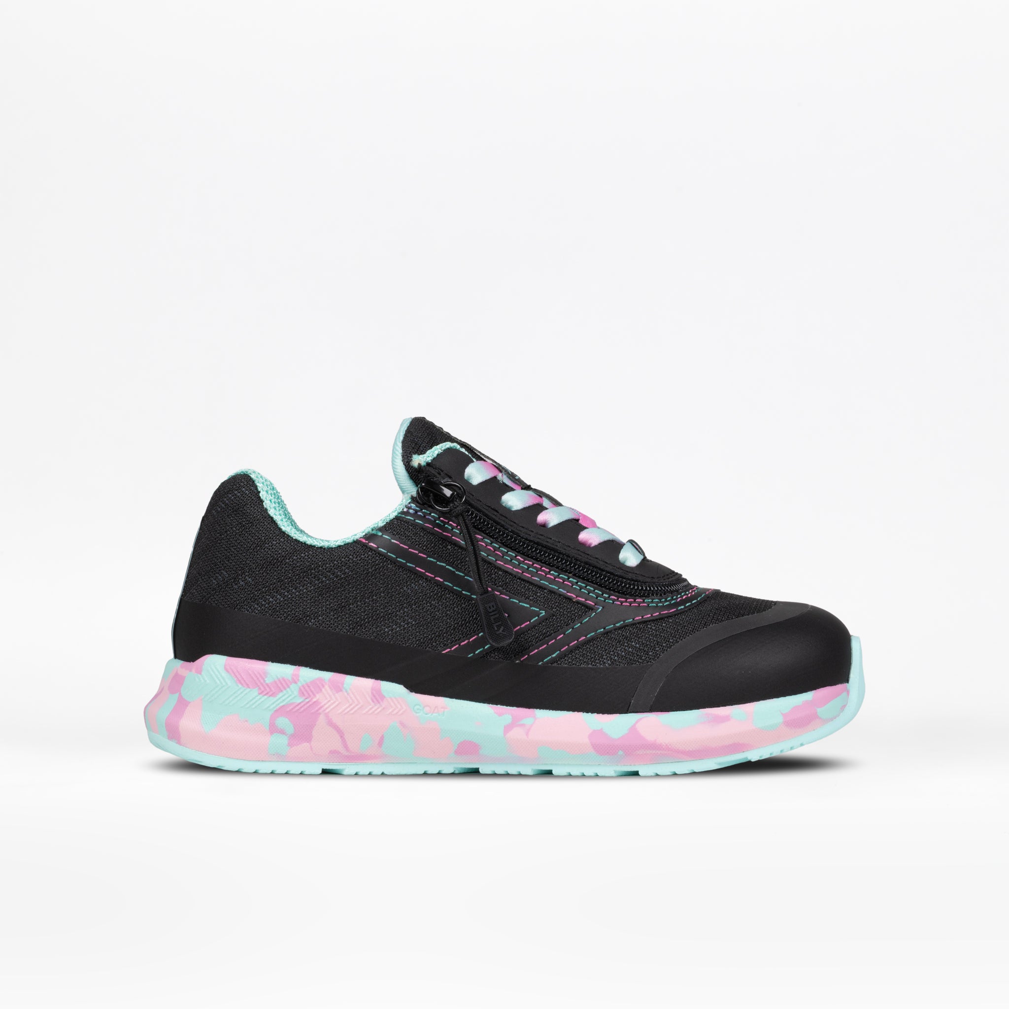 The BILLY Footwear Midnight Mermaid BILLY Goat is a black kids' adaptive sneaker with turquoise and pink accents, a matching camo-patterned sole, turquoise laces, and side zipper, shown on a white background.