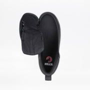 A Black to the Floor BILLY CS High sneaker by BILLY Footwear is shown unzipped to the side, revealing a black insole with a red BILLY logo. This adaptive kids high top shoe is displayed against a plain white background.