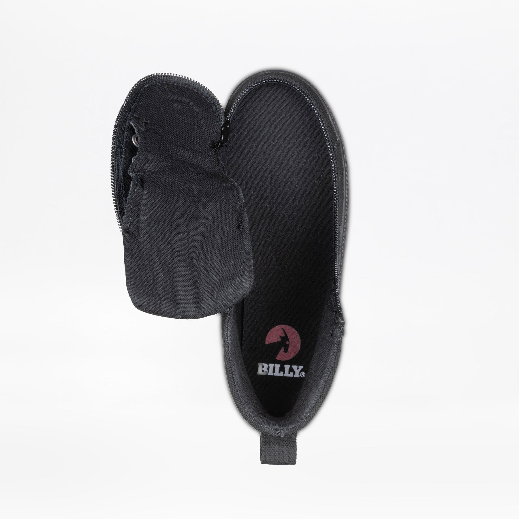 A Black to the Floor BILLY CS High sneaker by BILLY Footwear is shown unzipped to the side, revealing a black insole with a red BILLY logo. This adaptive kids high top shoe is displayed against a plain white background.