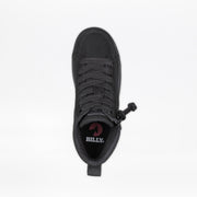 A top view of the Black to the Floor BILLY CS High by BILLY Footwear shows a black zipper shoe with a zipper around the toe and a heel pull tab. The insole features the BILLY logo in white and red, blending adaptive design with style.