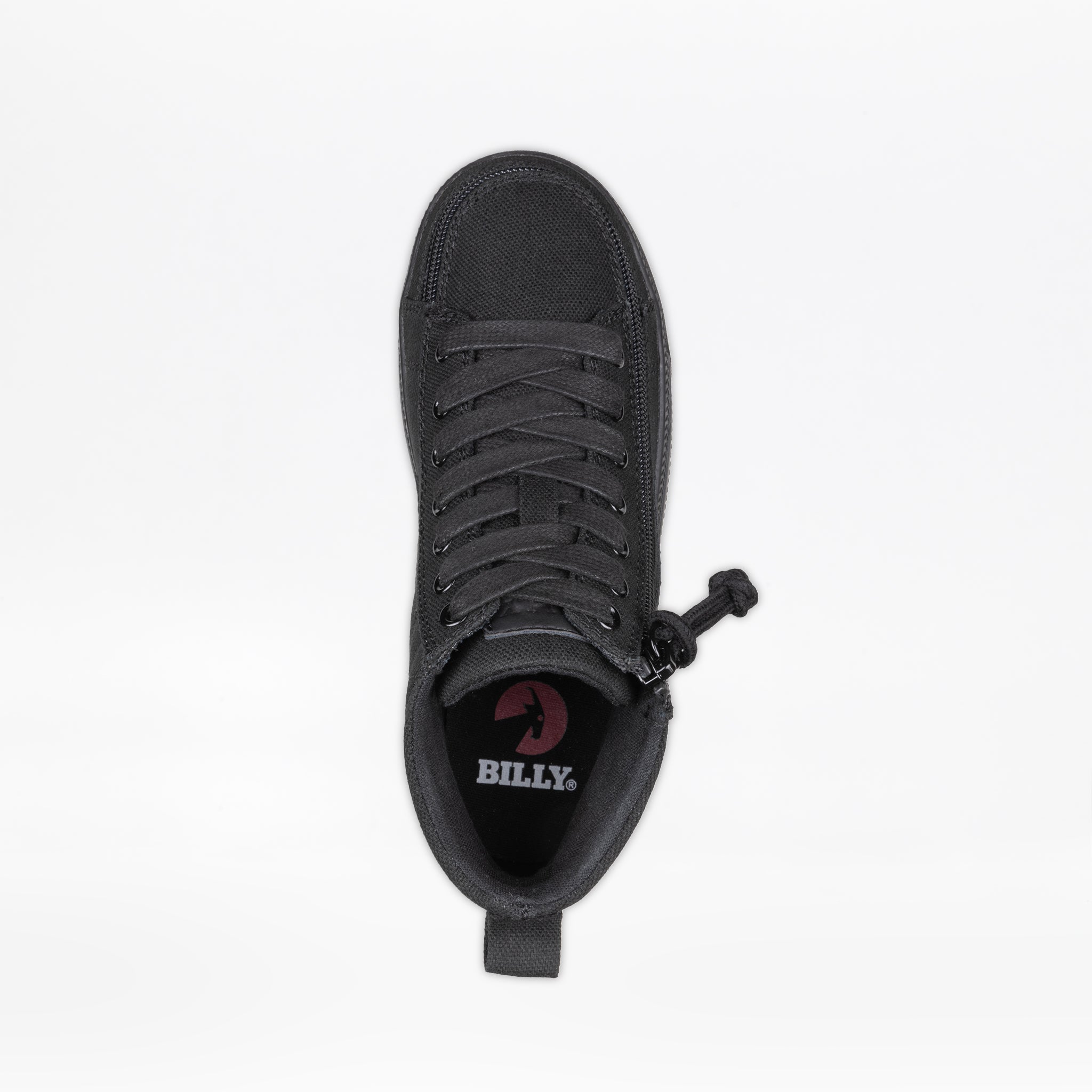A top view of the Black to the Floor BILLY CS High by BILLY Footwear shows a black zipper shoe with a zipper around the toe and a heel pull tab. The insole features the BILLY logo in white and red, blending adaptive design with style.