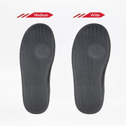 Two black soles from the Black to the Floor BILLY CS High shoes by BILLY Footwear are displayed side by side on a white background. The left is labeled Medium and the right Wide, showing the width difference of these adaptive shoes.