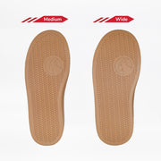Two tan shoe soles are displayed side by side, comparing Medium and Wide fits. Both have a similar tread pattern and BILLY Footwear logo, like those found on Black/Gum BILLY CS High kids' sneakers.