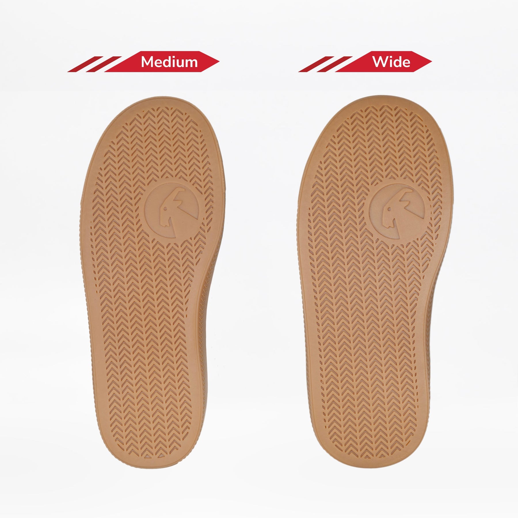 Two tan shoe soles are displayed side by side, comparing Medium and Wide fits. Both have a similar tread pattern and BILLY Footwear logo, like those found on Black/Gum BILLY CS High kids' sneakers.