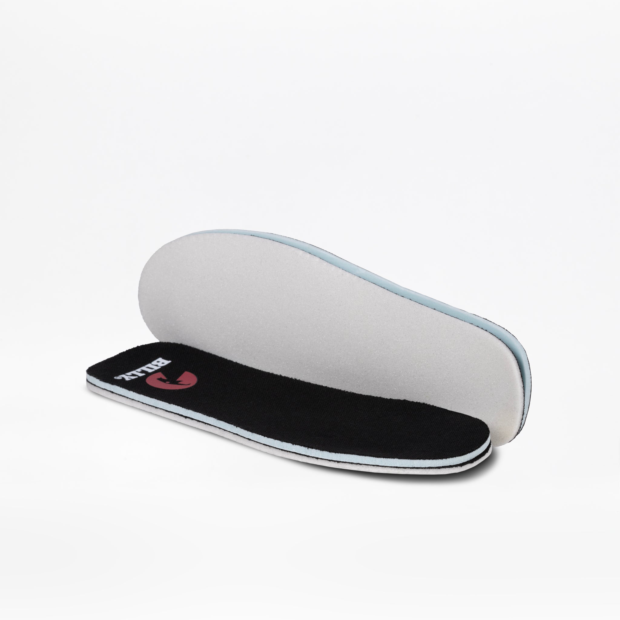 Two insoles for Black/Gum BILLY CS High by BILLY Footwear are shown on a white background. One lies flat with a black top and logo, while the other stands upright, resembling the interior of these kids' high tops.