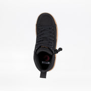 The Black/Gum BILLY CS High by BILLY Footwear is a kids’ high top sneaker with black laces, a side wrap zipper, and a brown sole. The insole features the BILLY logo in white and red on a white background.