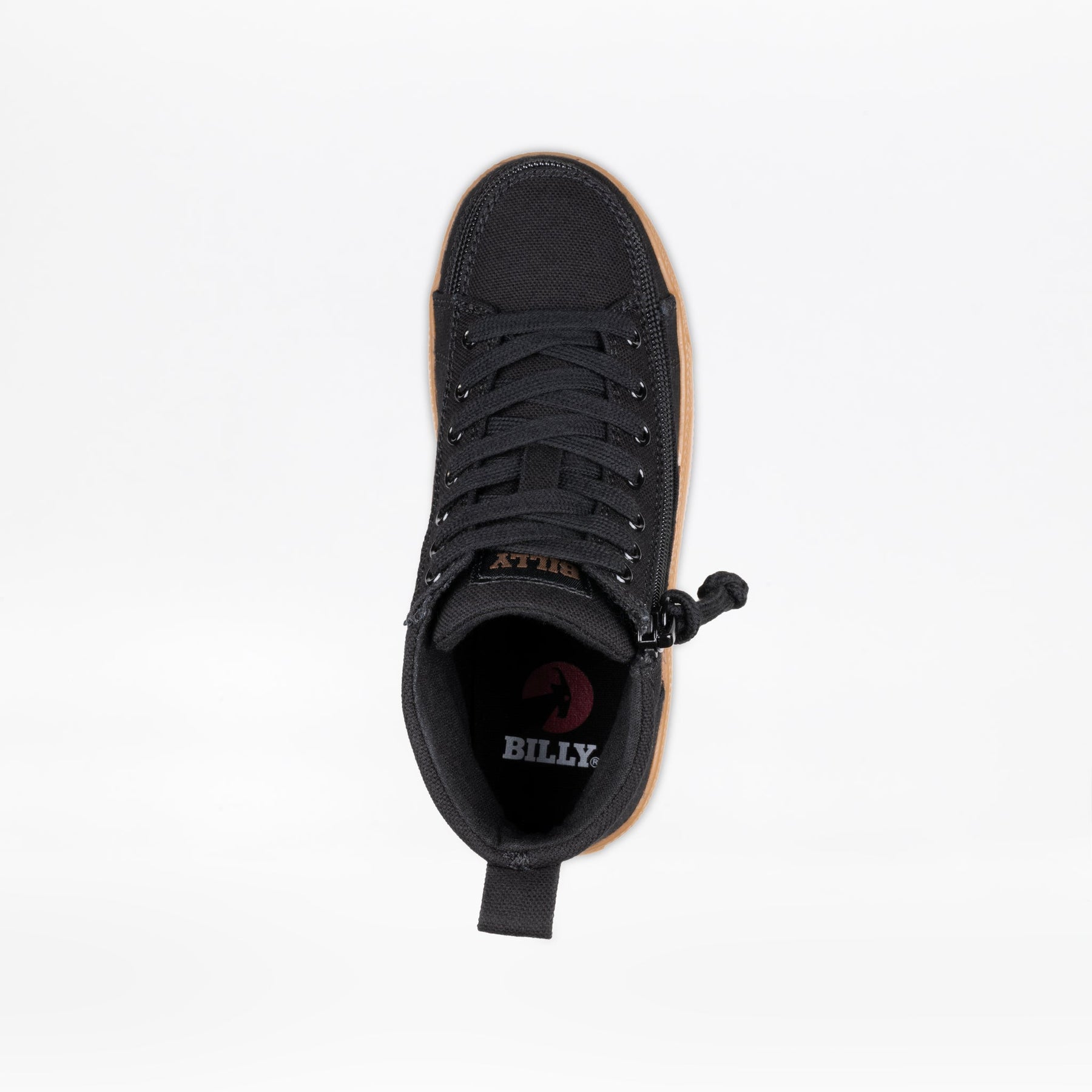 The Black/Gum BILLY CS High by BILLY Footwear is a kids’ high top sneaker with black laces, a side wrap zipper, and a brown sole. The insole features the BILLY logo in white and red on a white background.