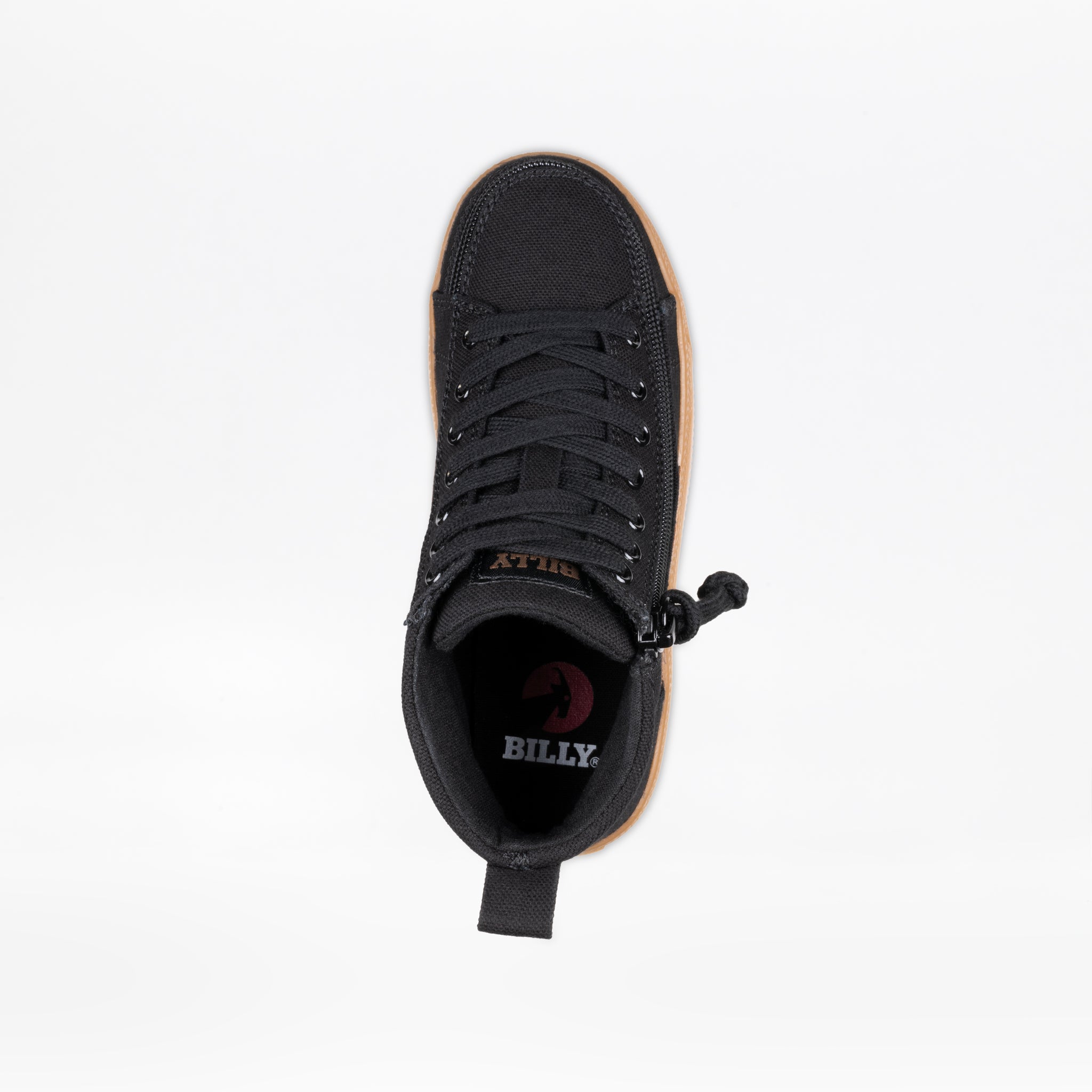 The Black/Gum BILLY CS High by BILLY Footwear is a kids’ high top sneaker with black laces, a side wrap zipper, and a brown sole. The insole features the BILLY logo in white and red on a white background.