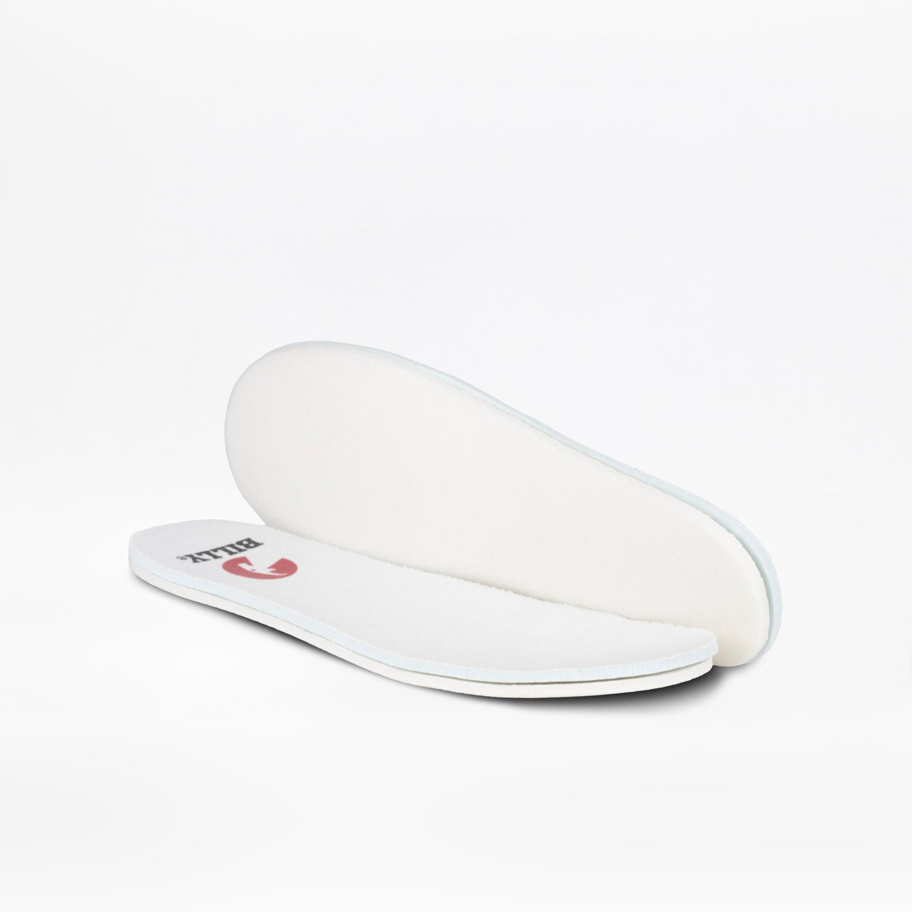 Two white foam insoles for the White/Black BILLY CS High by BILLY Footwear—one flat, one upright—on a plain white background. Perfect for kids' high top sneakers featuring a convenient full wrap zipper design.