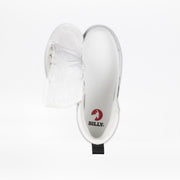 A White/Black BILLY CS High kids’ sneaker by BILLY Footwear is shown from above, with its full wrap zipper unzipped to the side and the insole featuring a red BILLY logo, all set against a white background.