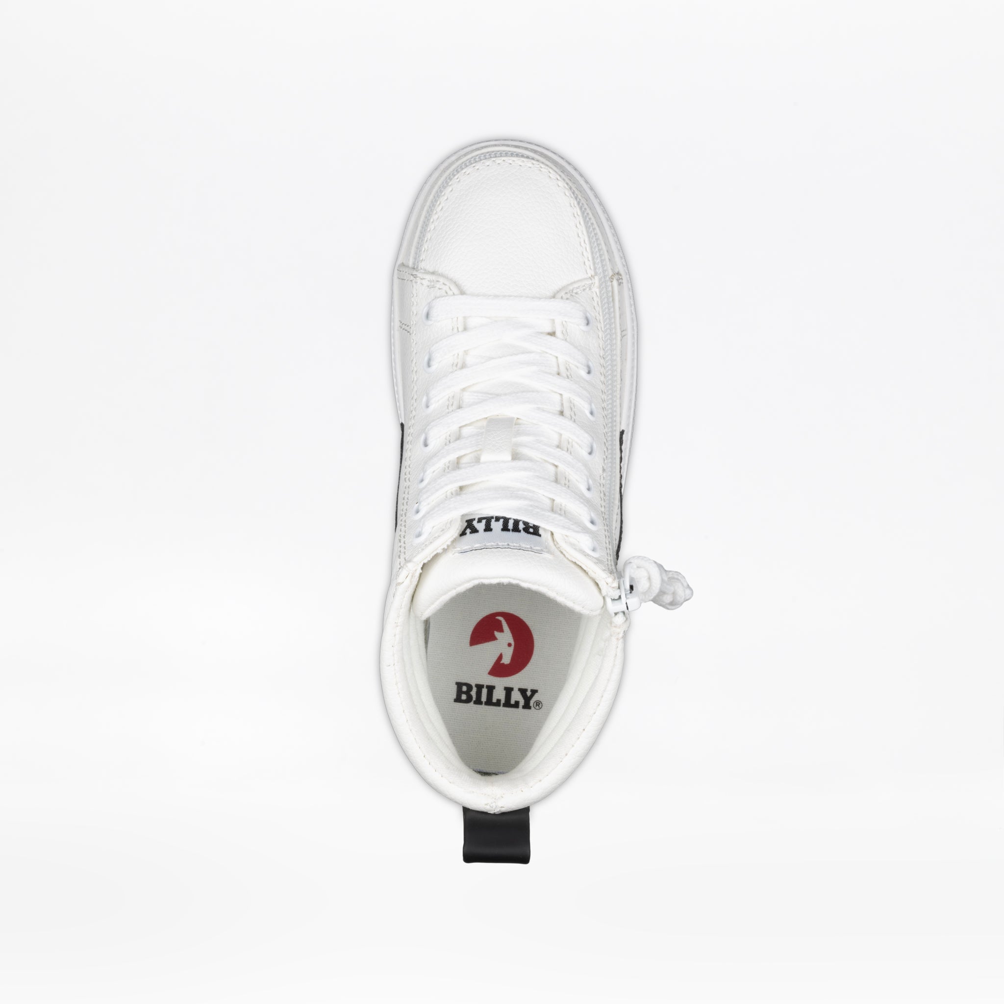 Top view of the White/Black BILLY CS High kids' sneaker by BILLY Footwear, featuring a full wrap zipper, white laces, and a red logo on the insole. The shoe is shown against a plain white background.