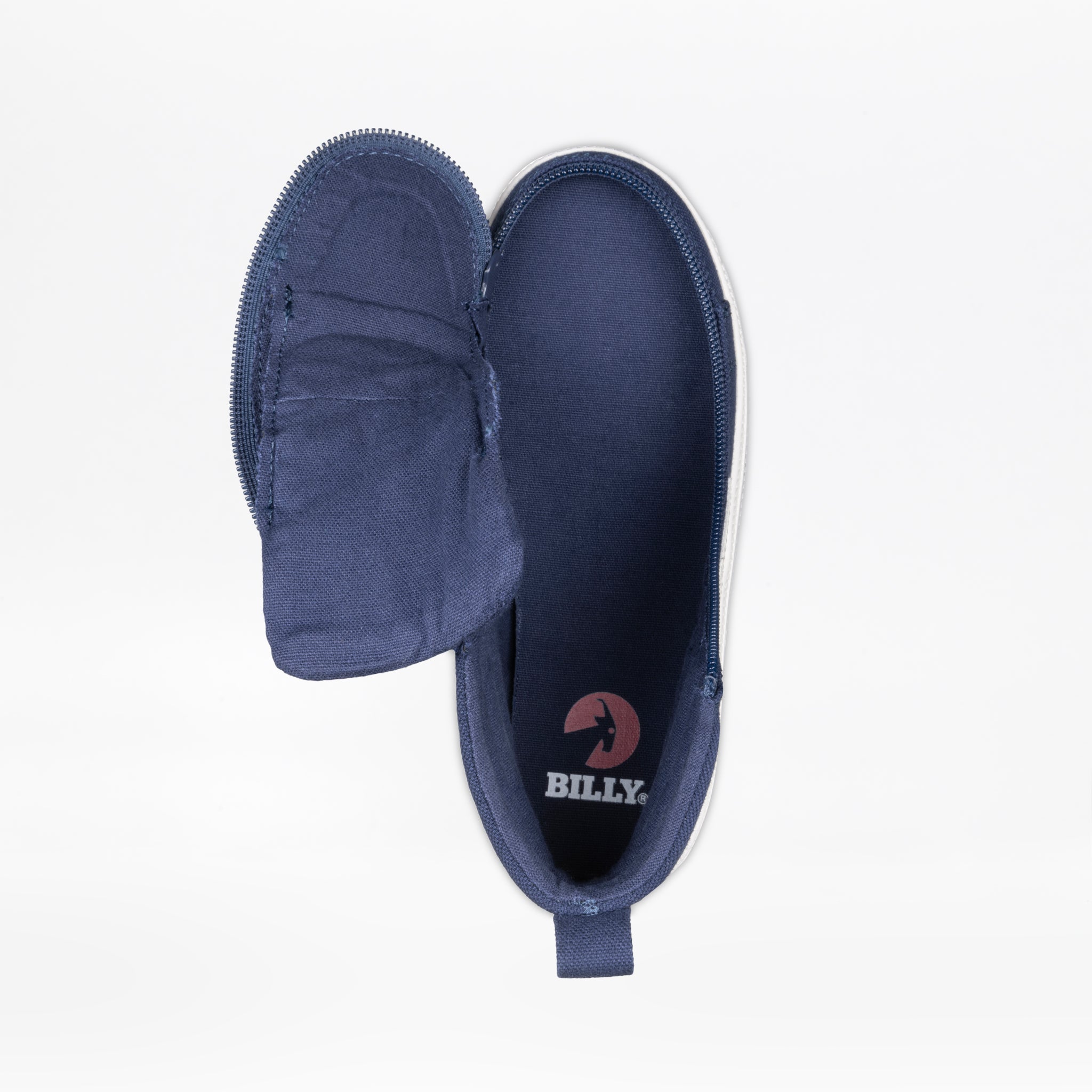 The Navy/White BILLY CS High by BILLY Footwear, a kids’ high top sneaker with a side zipper showing the insole and BILLY logo, is displayed from above on a white background.