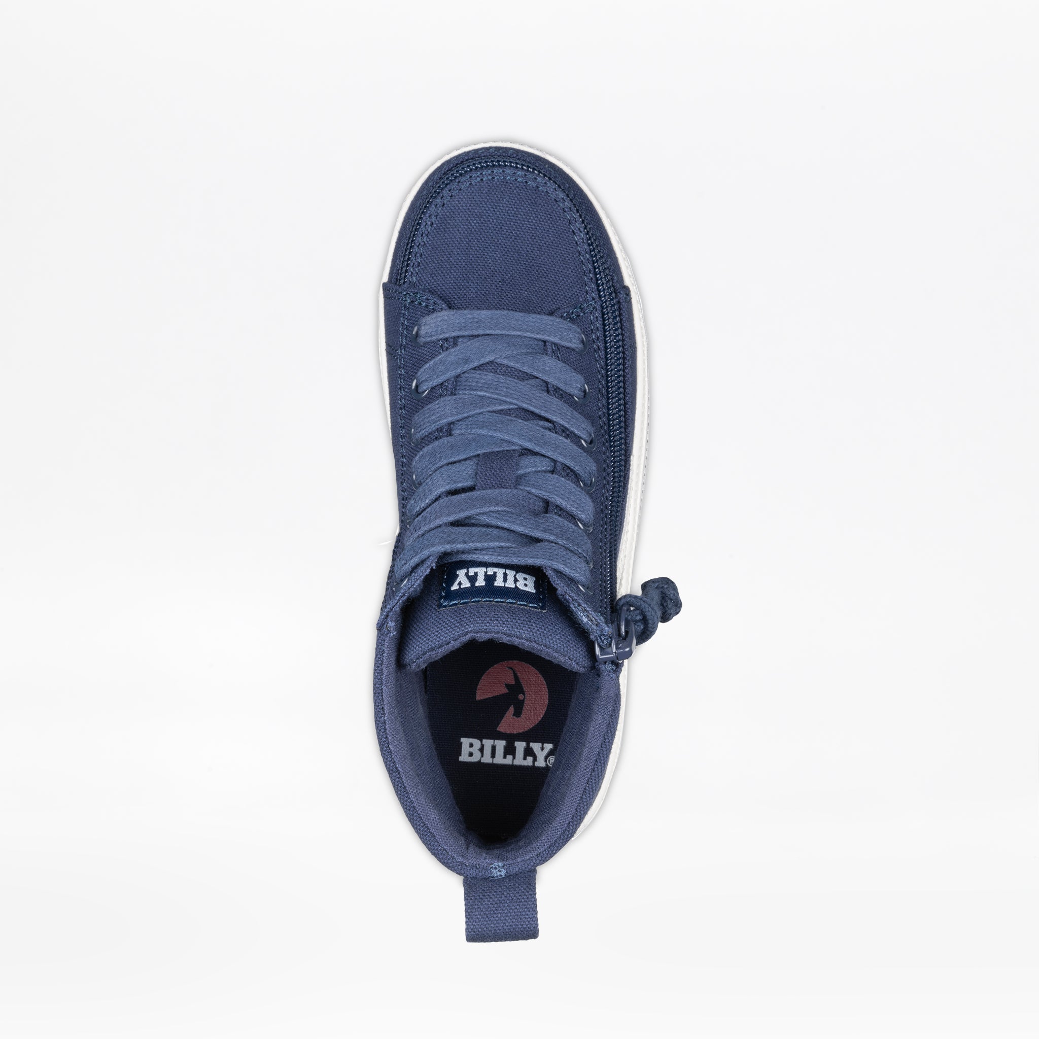 Top view of a Navy/White BILLY CS High sneaker by BILLY Footwear, featuring laces, heel pull tab, and branded tongue and insole. This adaptive kids' shoe is displayed on a plain white background.