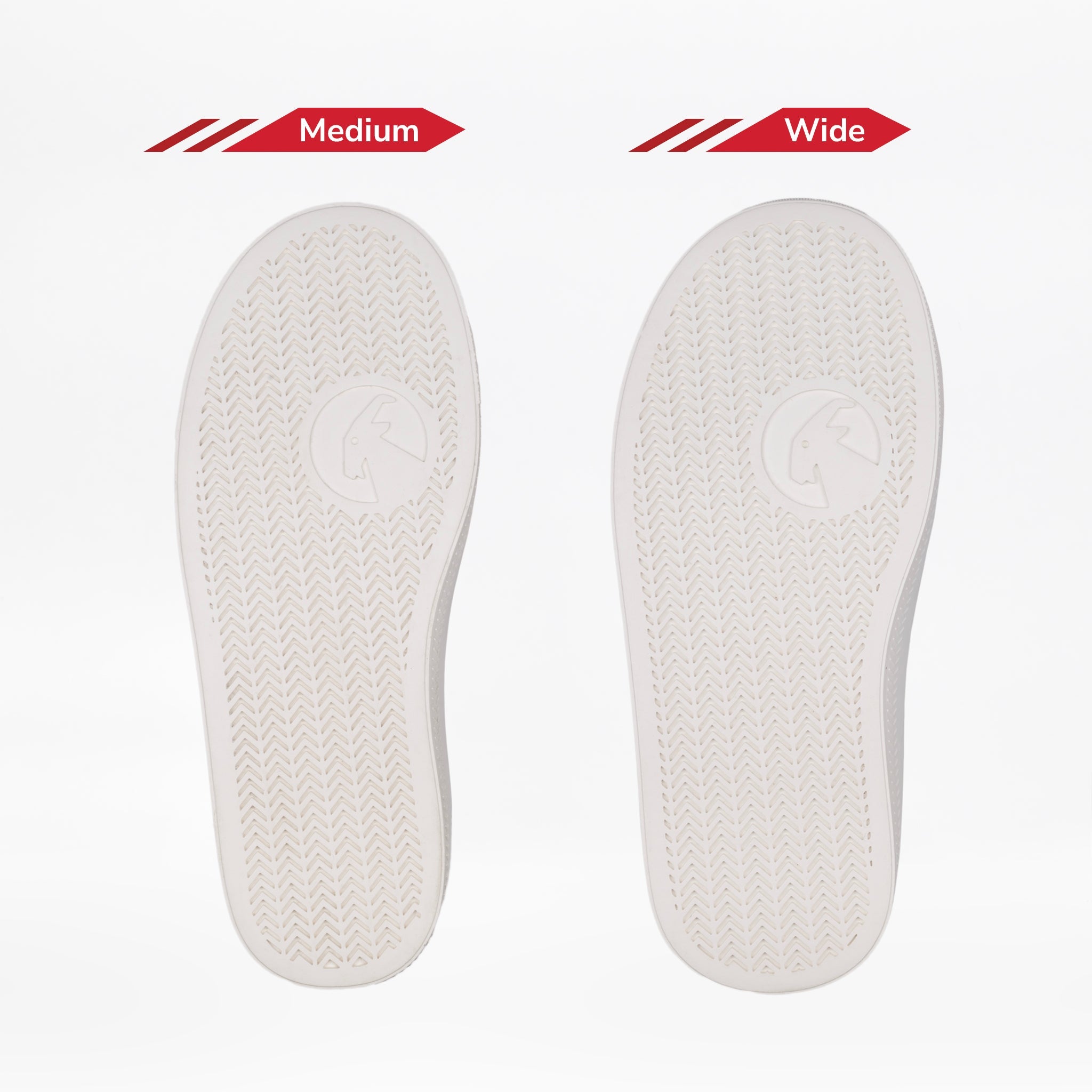 Two white soles from the Navy/White BILLY CS High by BILLY Footwear are displayed side by side. The Medium sole is narrower than the Wide sole, and both have a similar textured pattern, ideal for adaptive shoes.