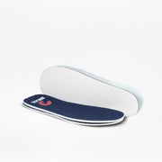 A pair of Navy/White BILLY CS High insoles by BILLY Footwear, one face up with the logo and the other showing the white underside, displayed on a white background.