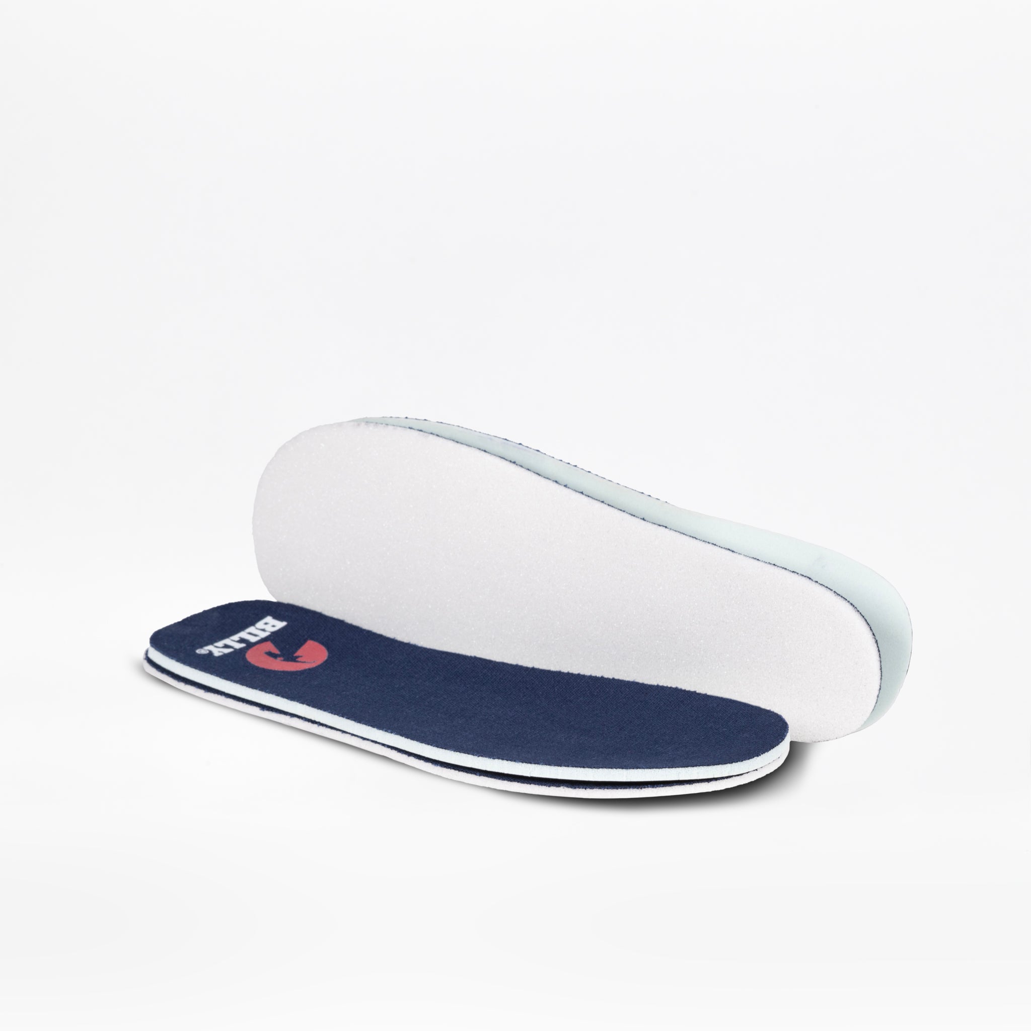 A pair of Navy/White BILLY CS High insoles by BILLY Footwear, one face up with the logo and the other showing the white underside, displayed on a white background.