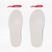 Two white soles of the Rose Gold Glitz BILLY CS High by BILLY Footwear are shown side by side. The Medium width is narrower than the Wide, but both have similar treads and logo―perfect for kids' sneakers or Step In shoes.