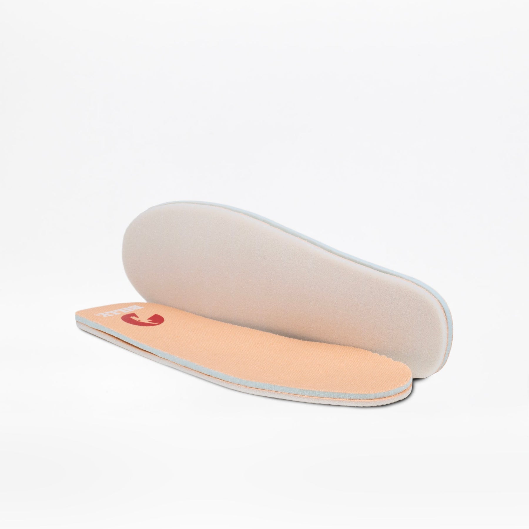Two rose gold Glitz BILLY CS High insoles from BILLY Footwear are displayed on a white background—one lies flat showing the red logo on top, while the other stands upright to reveal its underside.