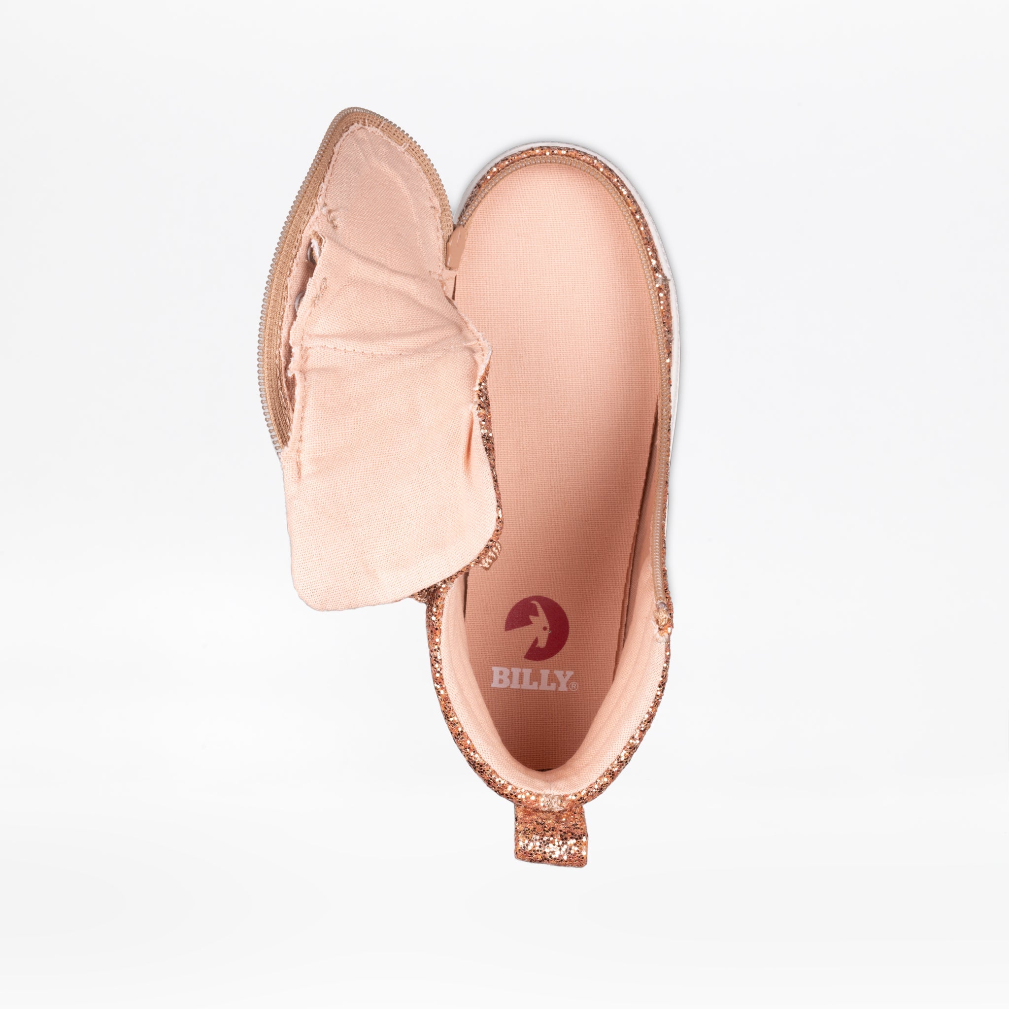 A top view of a single Rose Gold Glitz BILLY CS High by BILLY Footwear, with the upper unzipped and open to the side, revealing the insole labeled "BILLY.