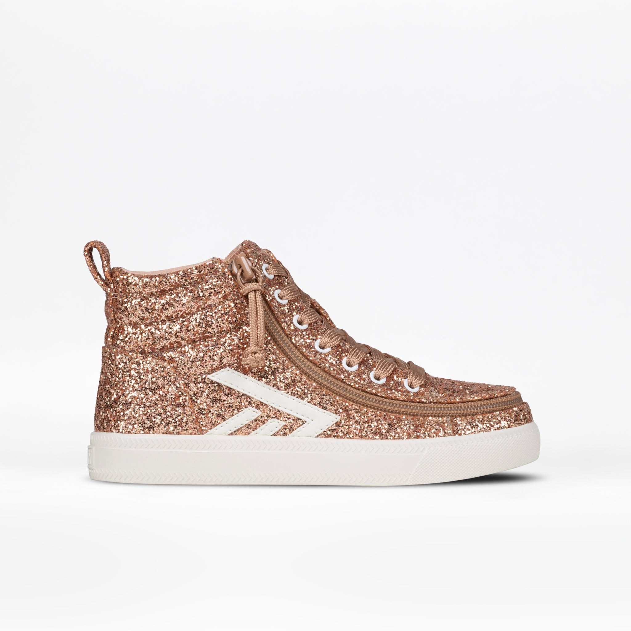 The Kids'/Toddler CS High by BILLY Footwear are rose gold glitter high top sneakers with white laces, a white side stripe, and a thick white sole, shown on a plain white background.