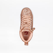 Top view of the Rose Gold Glitz BILLY CS High by BILLY Footwear, a kids' sneaker with beige laces, zipper pull, and "BILLY" logo on the insole, shown against a white background.