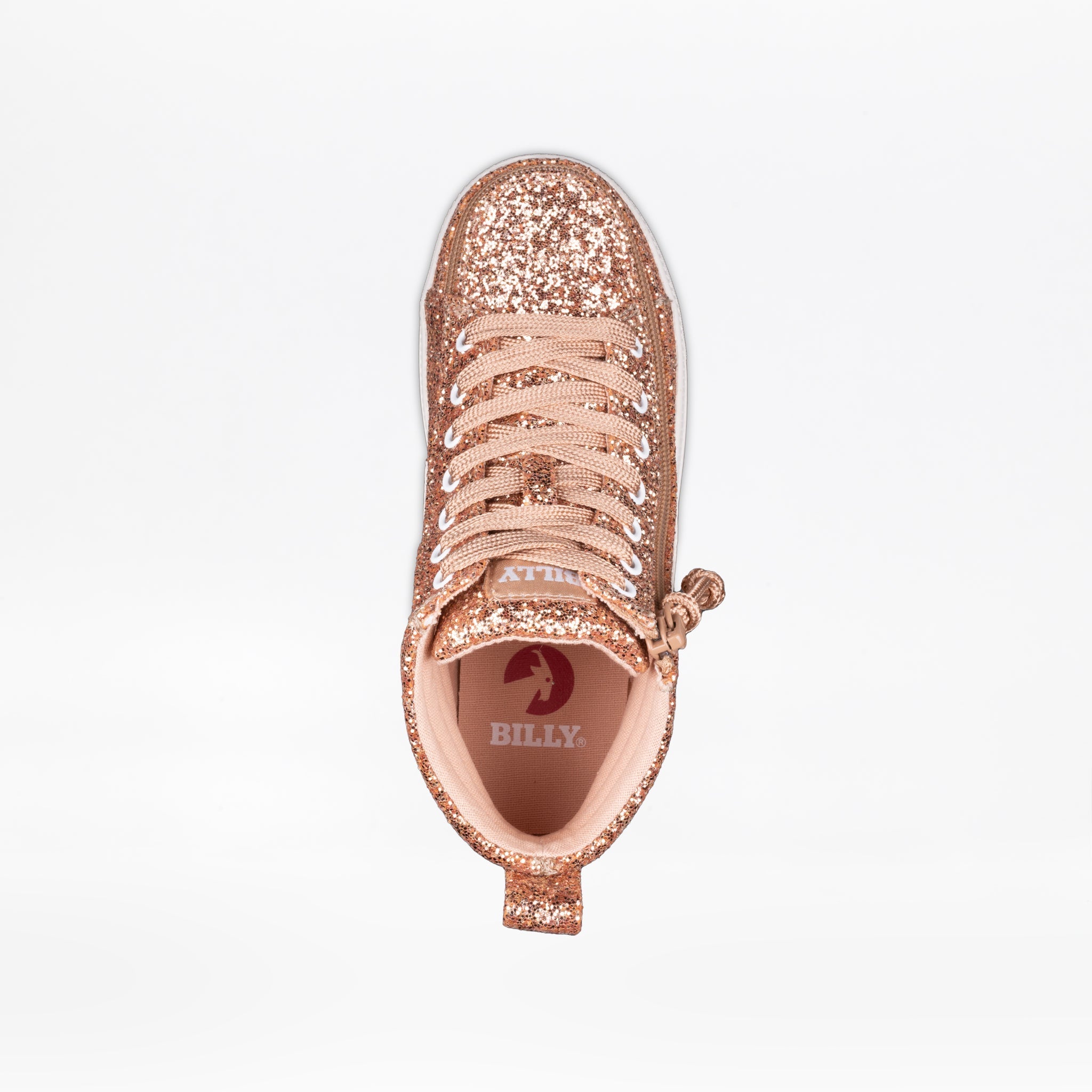 Top view of the Rose Gold Glitz BILLY CS High by BILLY Footwear, a kids' sneaker with beige laces, zipper pull, and "BILLY" logo on the insole, shown against a white background.