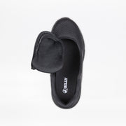 A black slip-on kids sneaker with a mesh upper and side zipper, shown from above with the zipper open to display the interior and BILLY Footwear logo—part of the Black to the Floor BILLY Sport Inclusion collection.